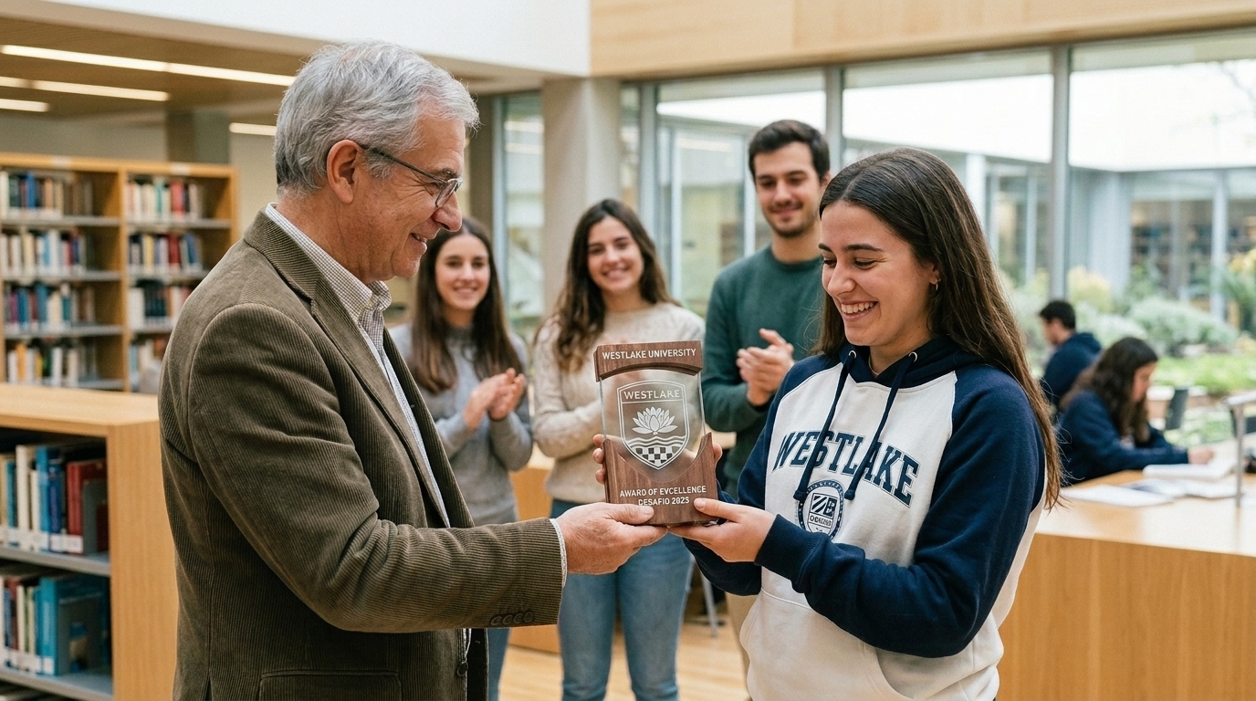 A professor presenting a custom glass shield award to a student in a university library as classmates applaud
