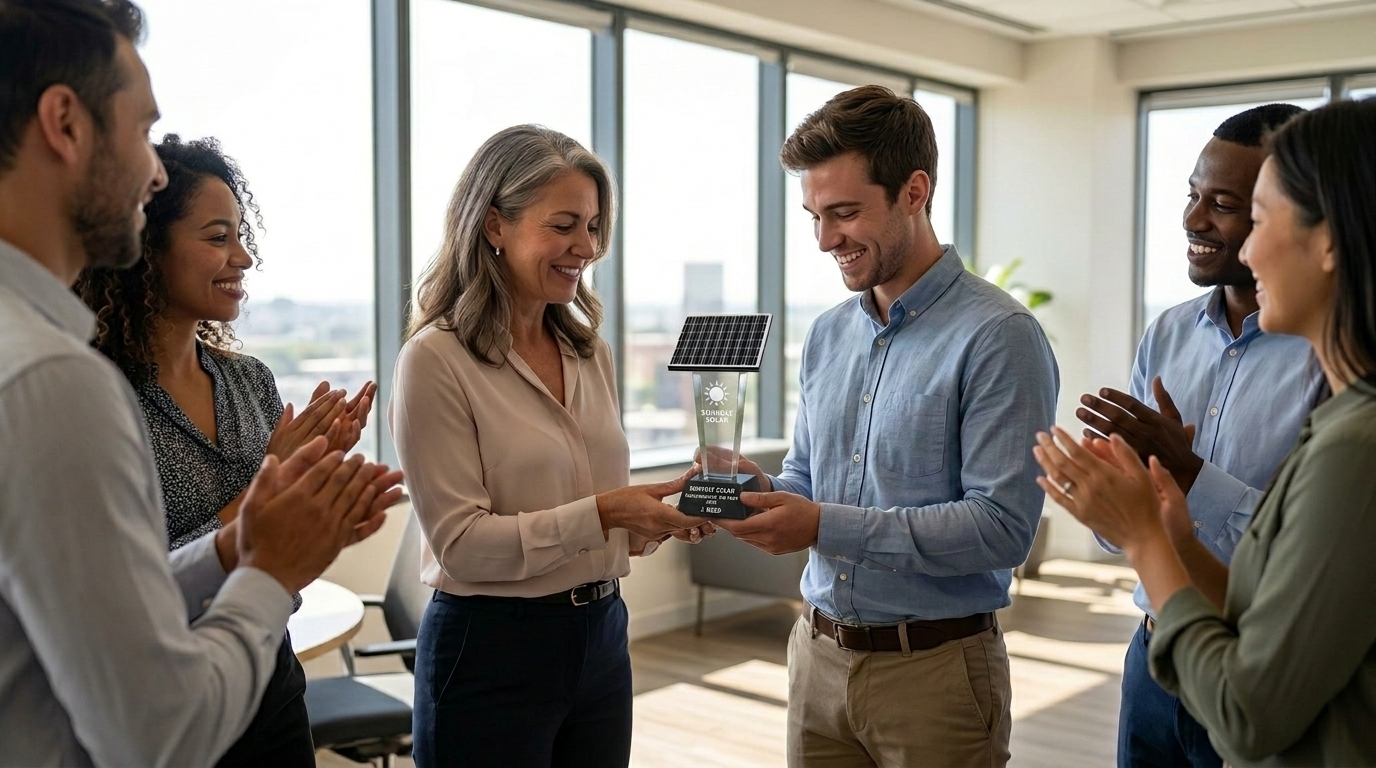 A sales representative receiving a custom achievement trophy from a manager as colleagues applaud in the office