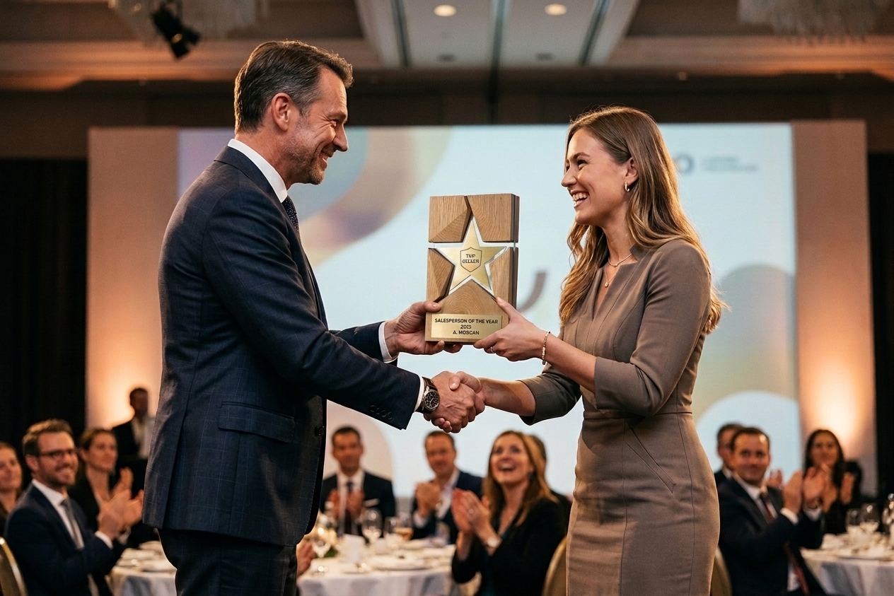 A company leader presenting a custom wood-and-gold star sales award to a top performer on stage at an awards gala